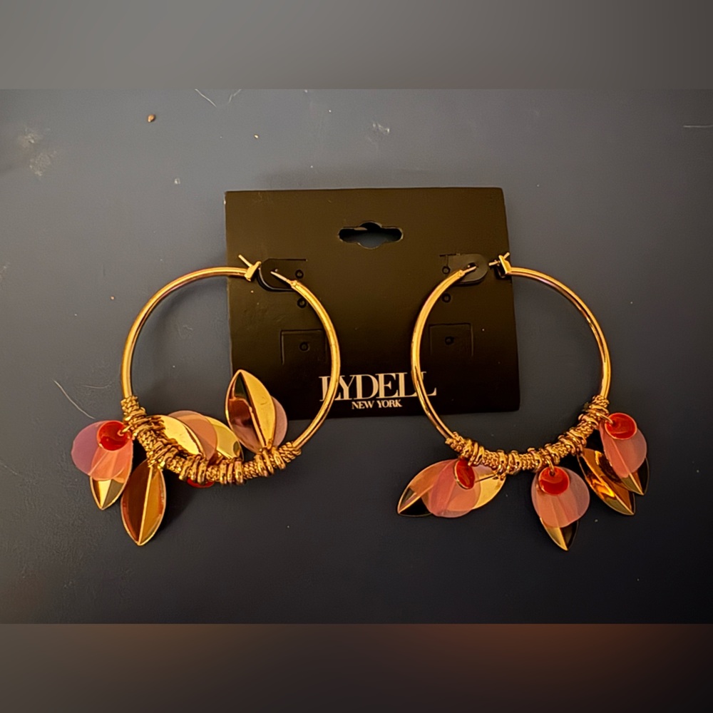 Lydell Gold Hoop Earrings With Pink, Red, And Gold Leaf Charms